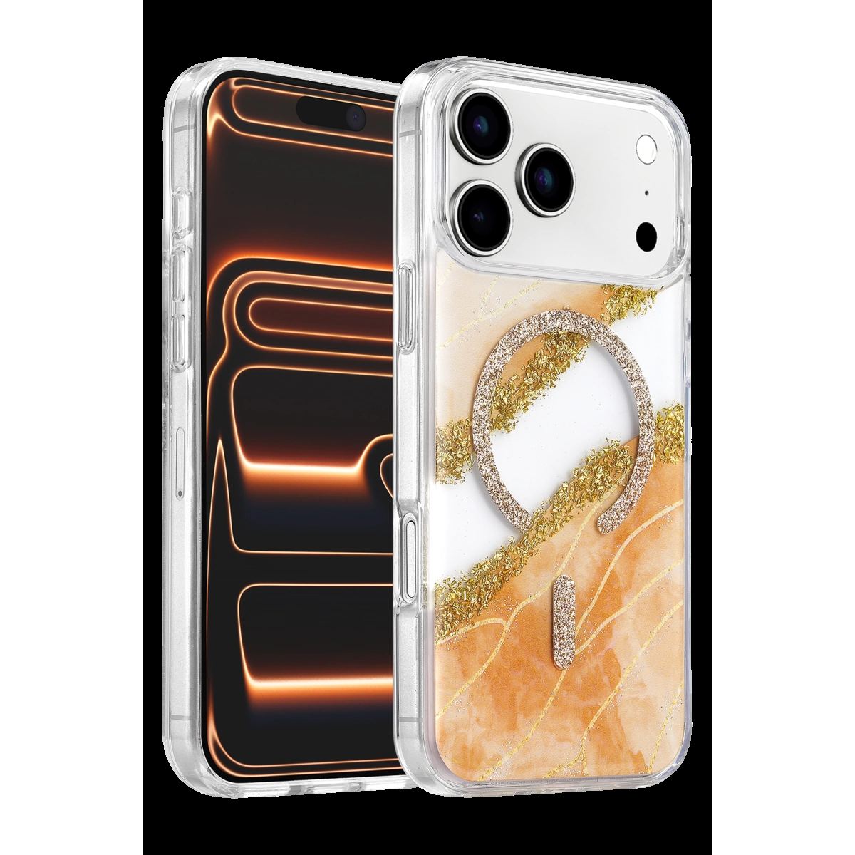 Onegif Apple İphone 17 Pro Max Lotus Simli Magsafe Kapak - Turuncu