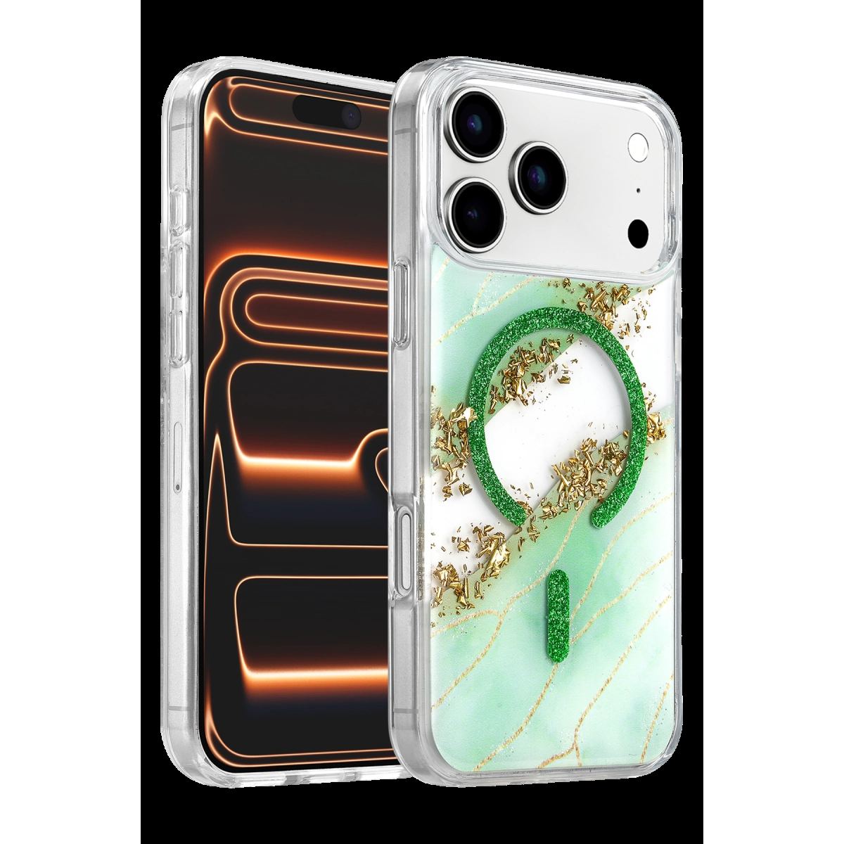 Onegif Apple İphone 17 Pro Max Lotus Simli Magsafe Kapak - Yeşil