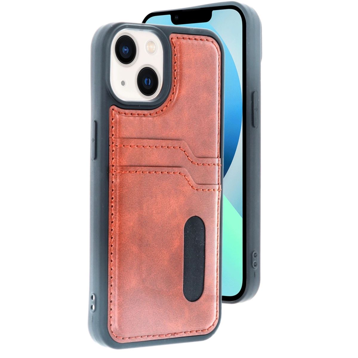 Apple İphone 15 Sara Kartvizitli Deri Kılıf - Taba