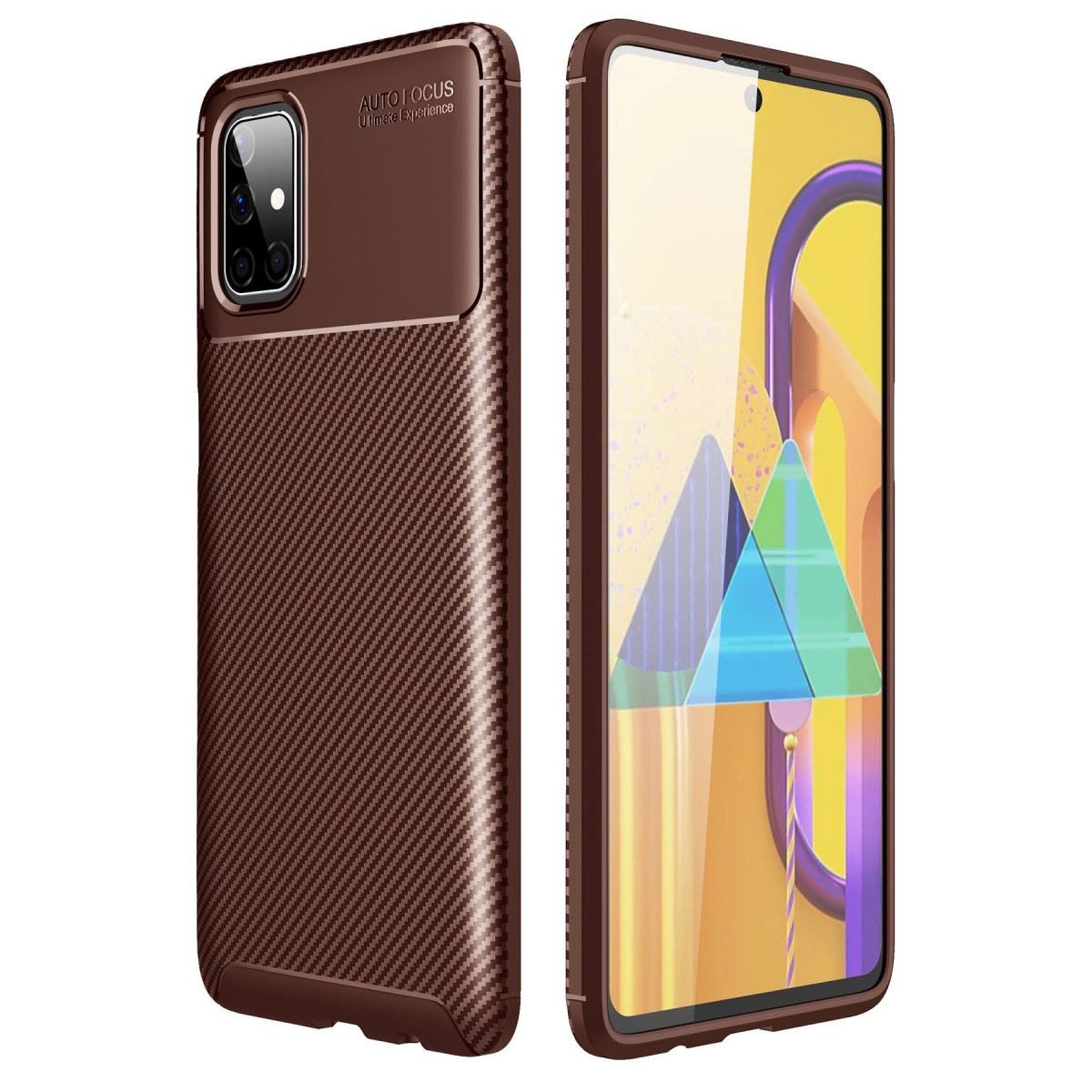 Samsung Galaxy M51 Kılıf Auto Focus Karbon Kapak - Kahverengi
