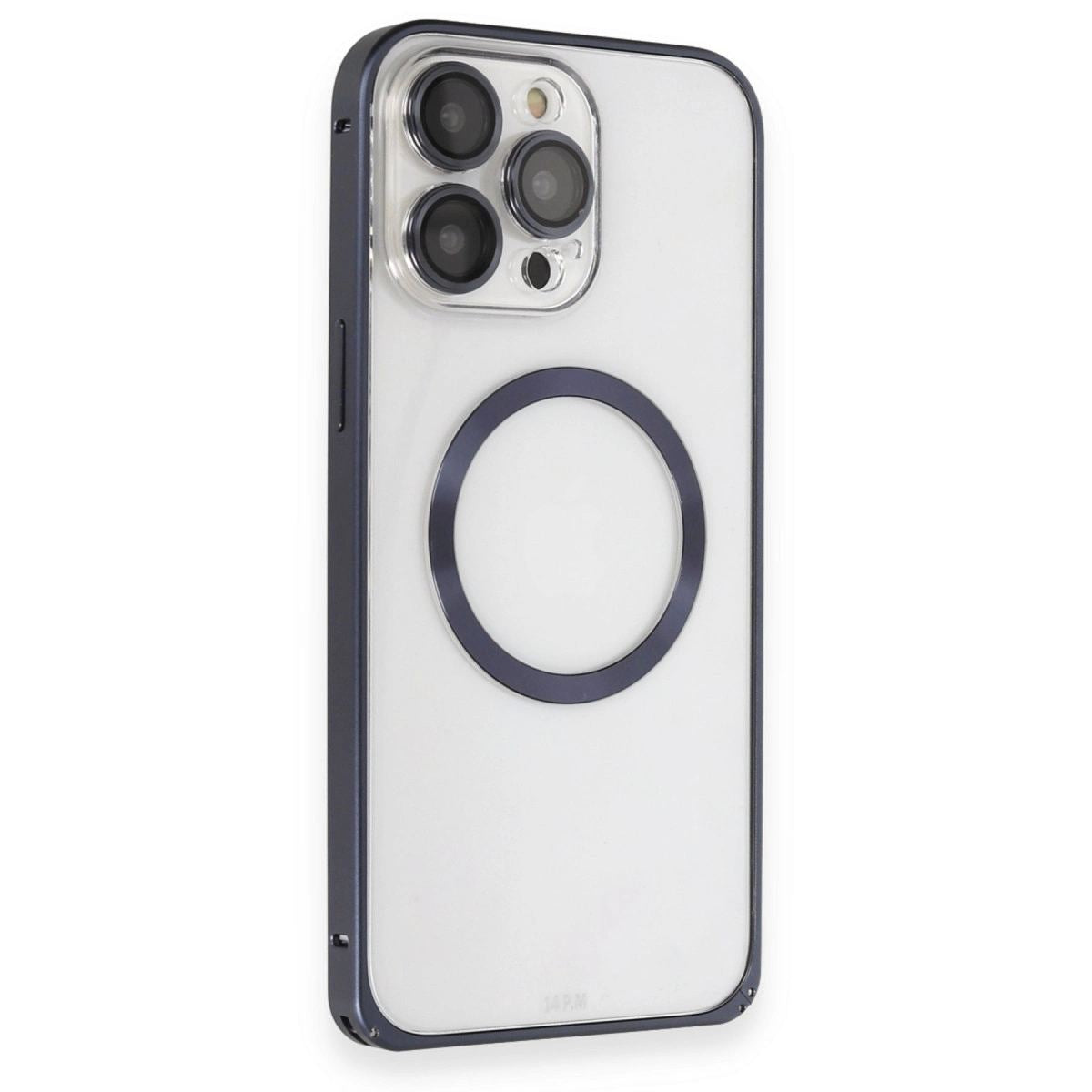 Joko Apple İphone 15 Pro Max Kılıf Metal Bumper Magneticsafe Kapak - Lacivert