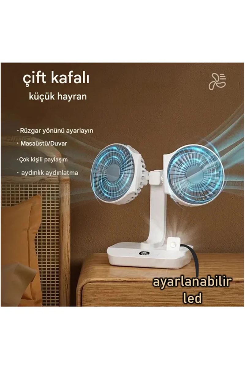 Masaüstü Dijital Ekranlı Çift Fanlı Led Işıklı Soğutucu Fan Ev Ofis Şarjlı Vantilatör