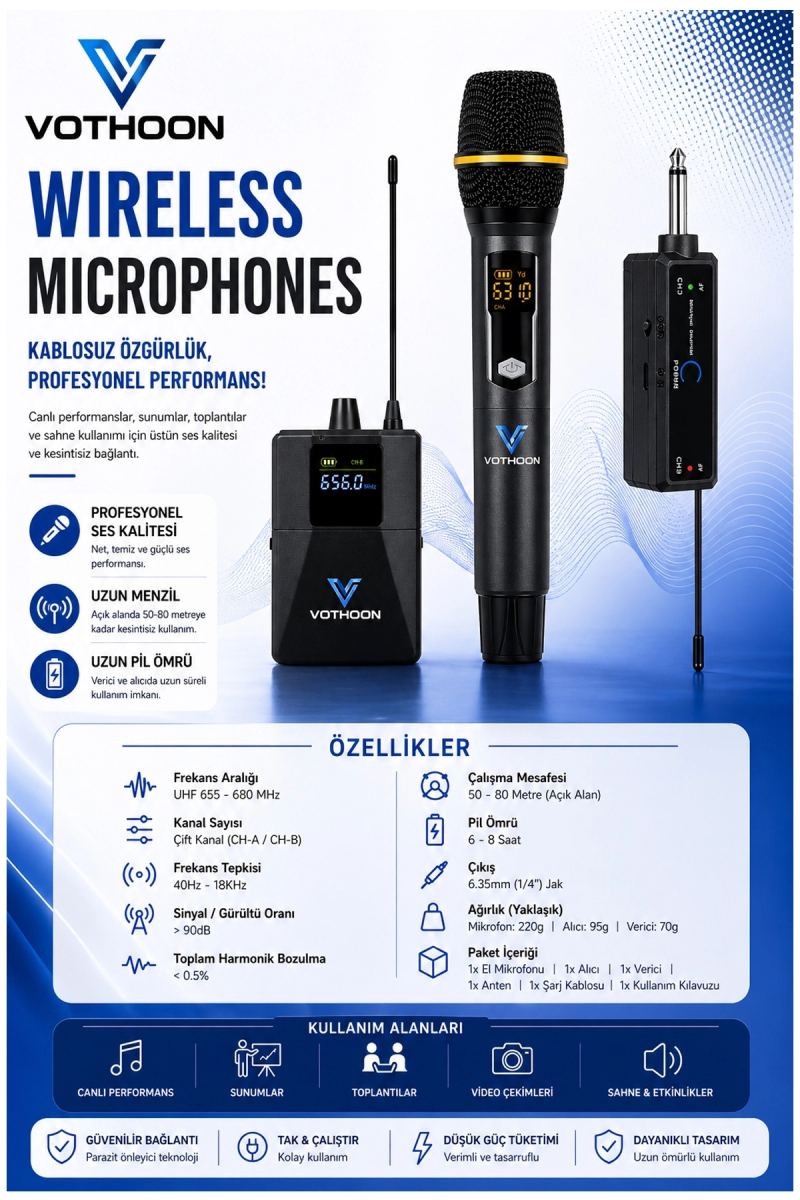 Mikrofon Seti Uhf Çift Kanal Profesyonel El Mikrofonu 50-80m Menzil
