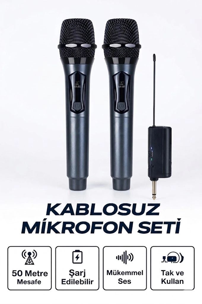 Profesyonel Çiftli Kablosuz Mikrofon Seti Karaoke Şarj Edilebilir 50 Metre