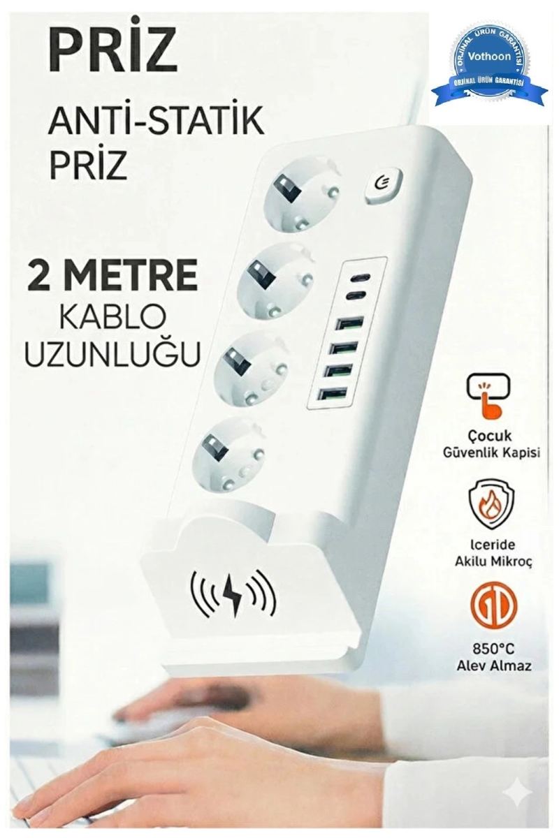 Akım Korumalı Priz Ve Masaüstü Şarj İstasyonu Kablosuz 4 Priz ,4 Usb, 2 Type-c Girişli 2 Metre