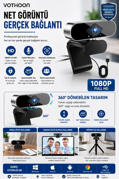 Webcam Orjınal 1080p Hd Konferans Kamera Dahili Mikrofon Görüntülü Sohbet Yayın Kamerası Hd Video Ae-104