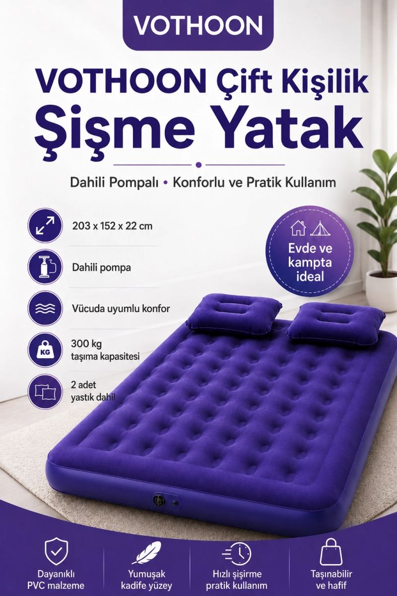 Çift Kişilik Şişme Yatak Dahili Pompalı 203x152x22 Cm 2 Yastıklı