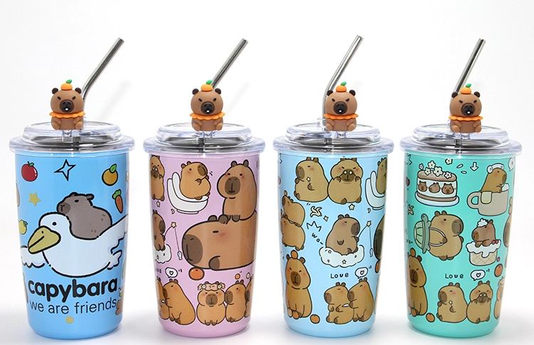 Capybara Figürlü Isı Muhafazalı Metal Pipetli Paslanmaz Çelik Kupa Alk4429