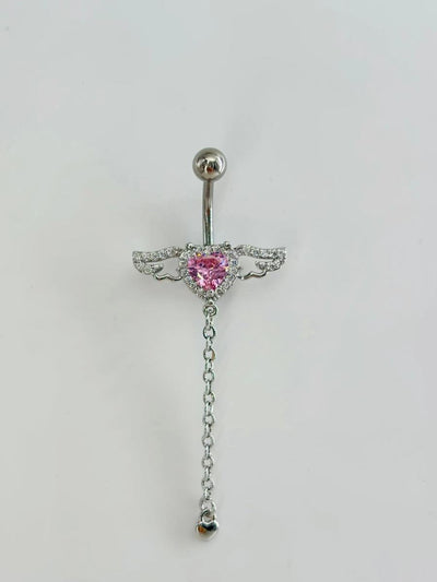 Melek Kanatlı Pembe Taşlı Kalp Detaylı Sallantılı Göbek Piercing