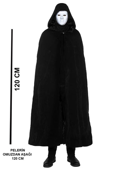 Siyah Kapüşonlu 120 Cm Pelerin Ve Beyaz Boyanabilir Tam Yüz Maske