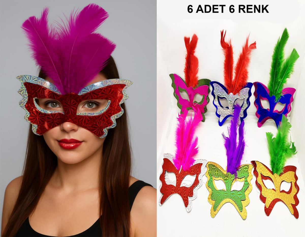 Renkli Parti Maskesi 639lı | Tüylü Karton Maske Seti (lastikli)