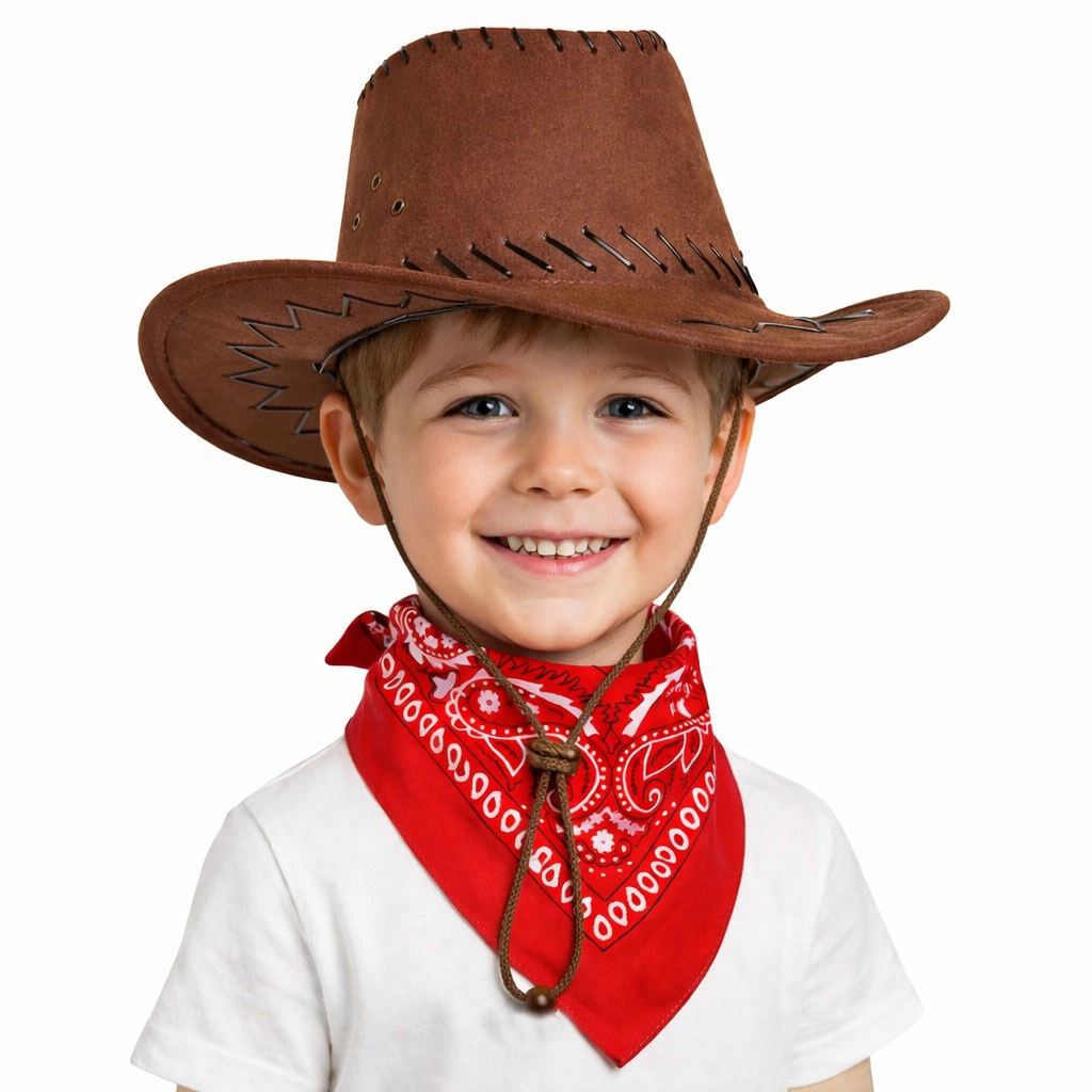 Çocuk Kovboy Şapka Kahverengi Kırmızı Bandana Seti