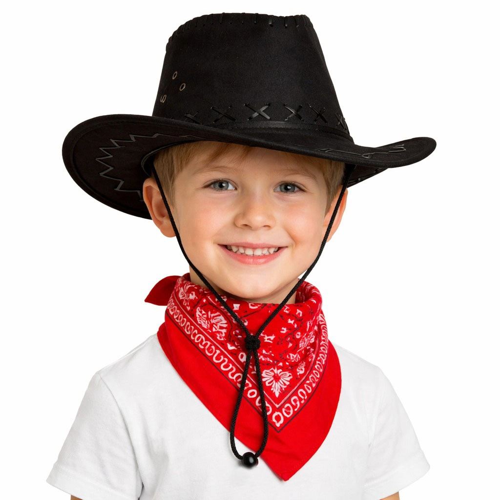 Çocuk Kovboy Şapka Siyah Kırmızı Bandana Seti