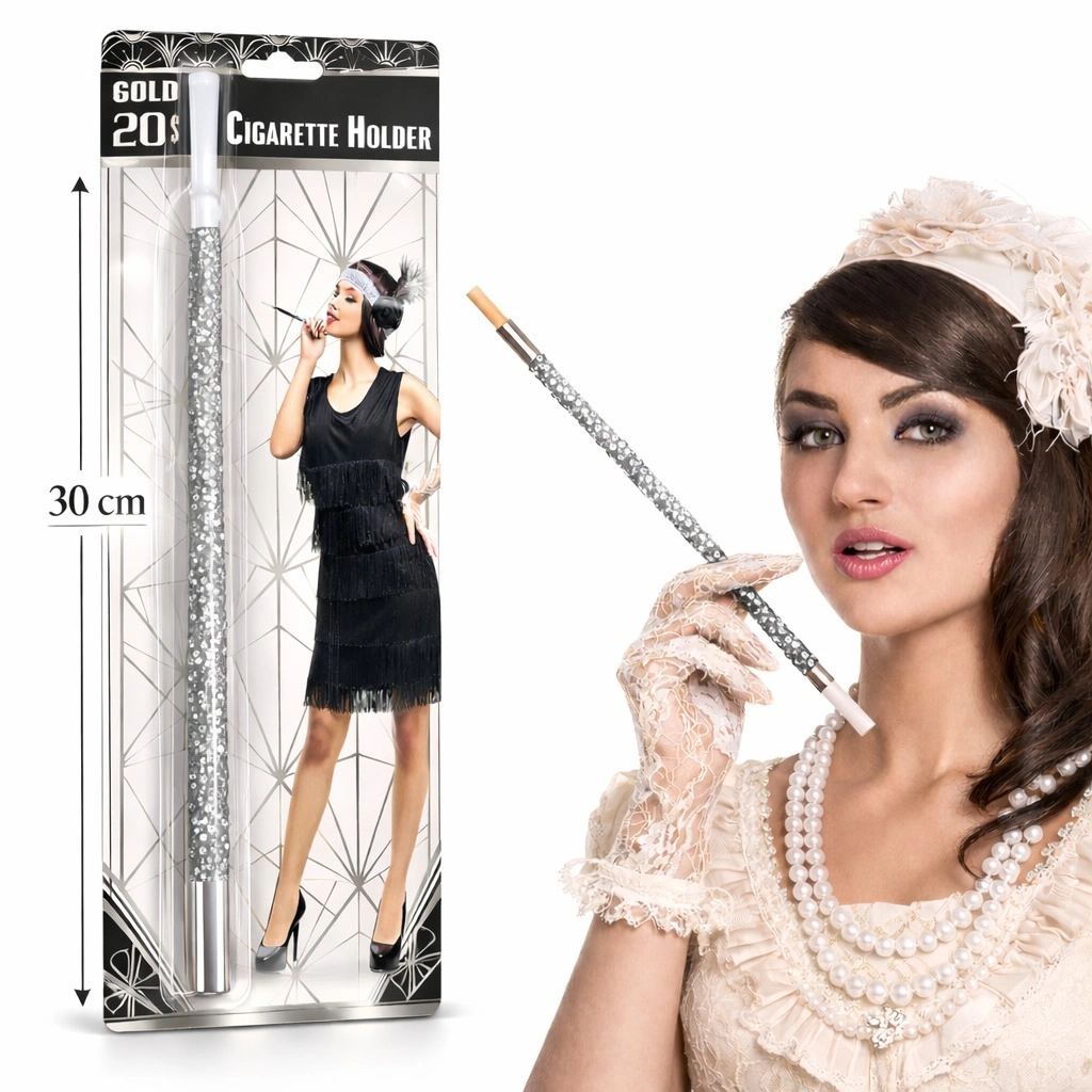 30 Cm Gümüş Payetli Tutacağı – 1920’ler Gatsby Parti Aksesuarı