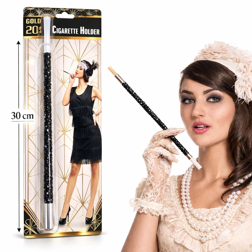 30 Cm Siyah Payetli Tutacağı – 1920’ler Gatsby Parti Aksesuarı