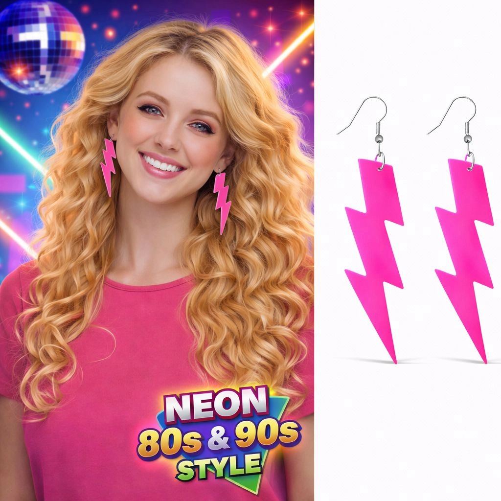 80’ler 9039lar Retro Neon Pembe Şimşek Küpe 10 Cm