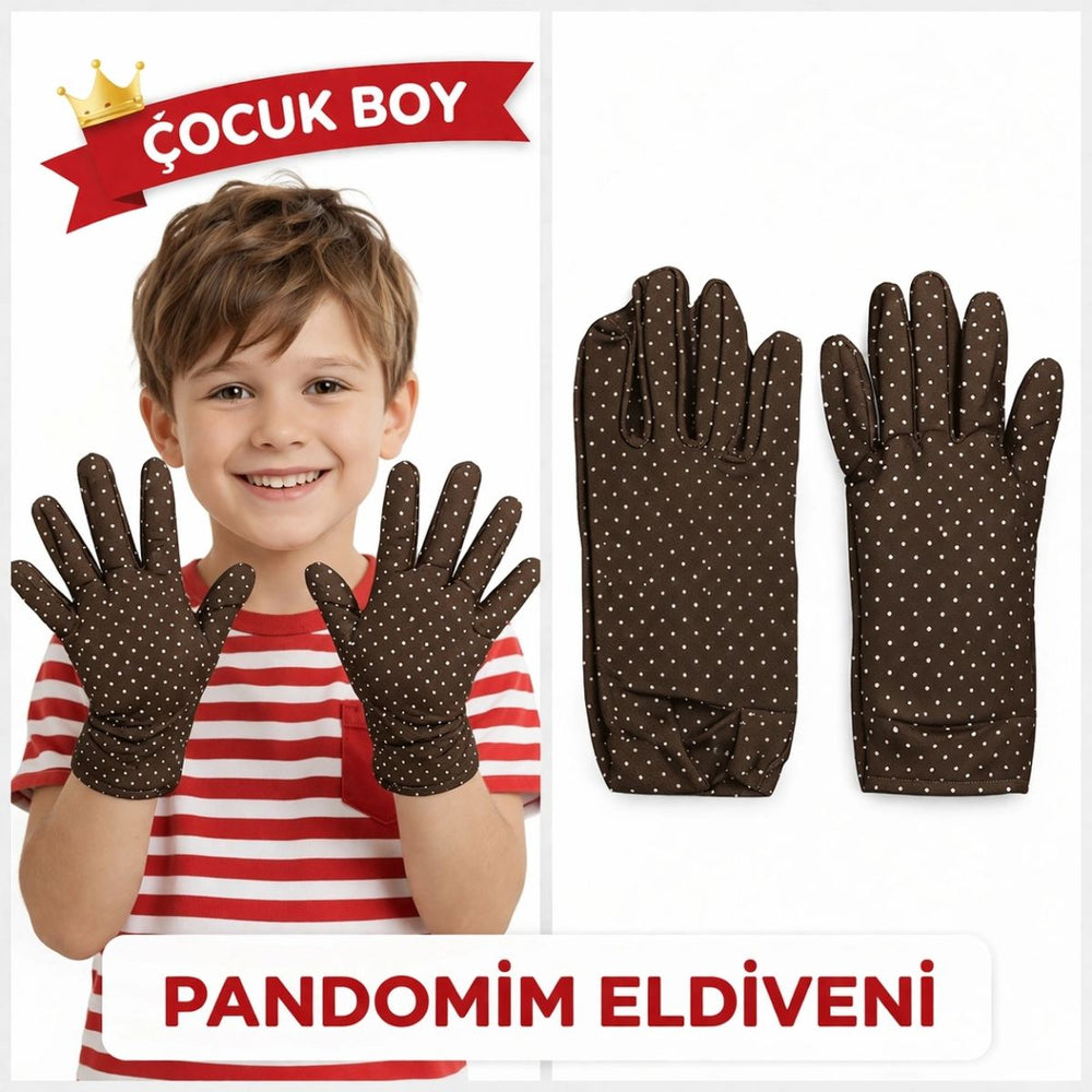 Çocuk Boy Pandomim Eldiveni Beyaz Puantiyeli Kahve Renk Gösteri Eldiveni 23 Nisan 19 Mayıs