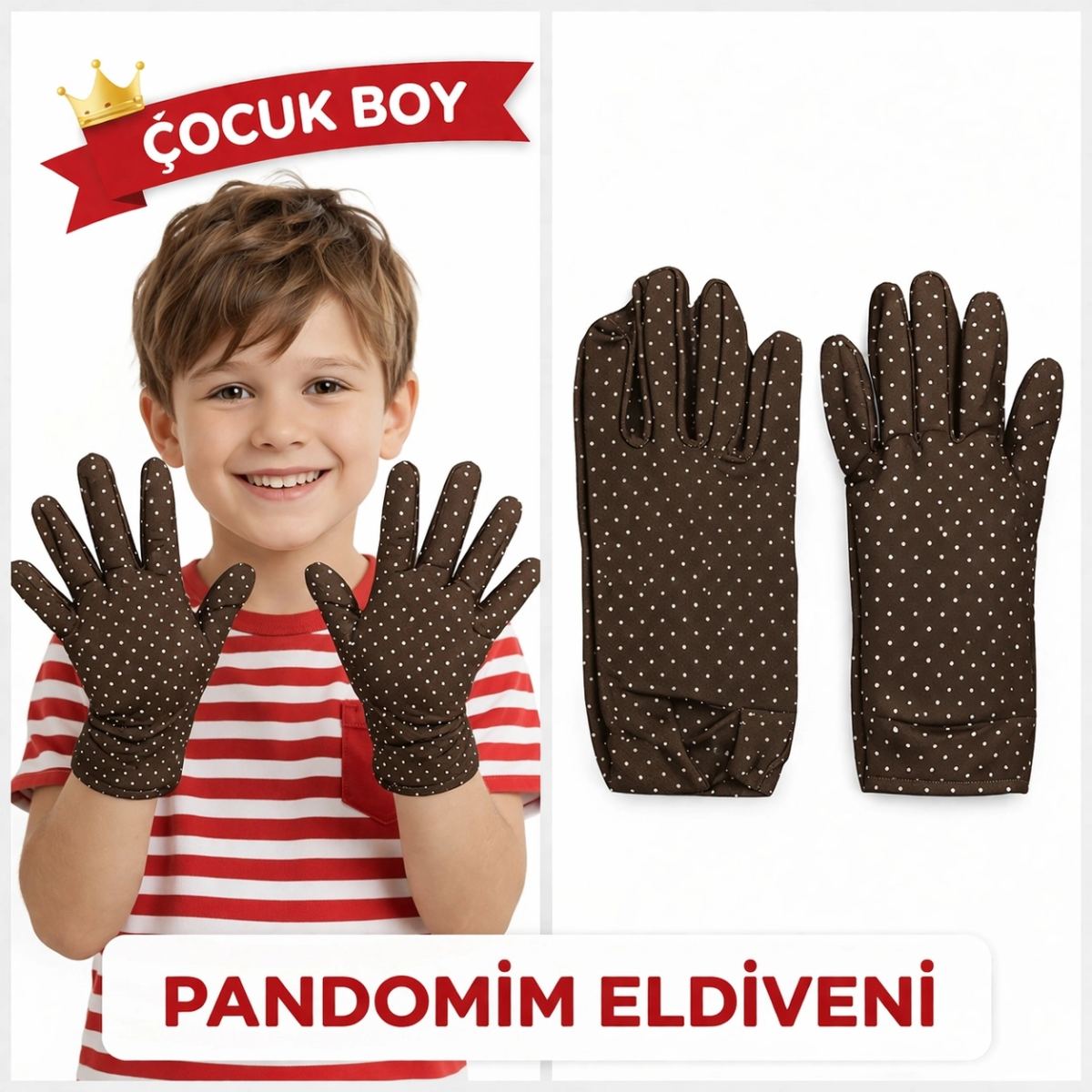 Çocuk Boy Pandomim Eldiveni Beyaz Puantiyeli Kahve Renk Gösteri Eldiveni 23 Nisan 19 Mayıs