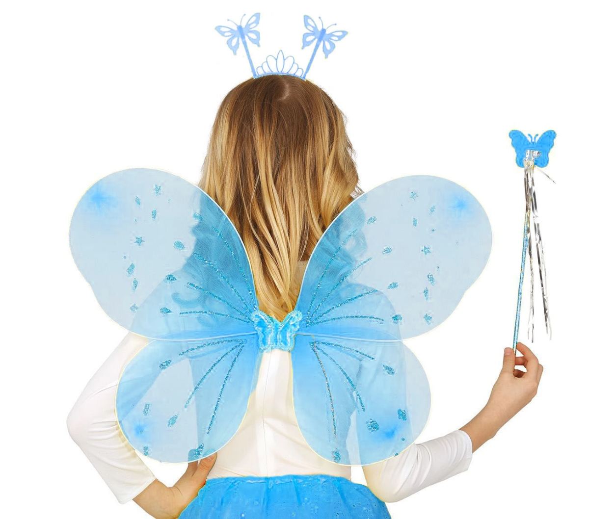 Mavi Kelebek Erkek-kız Seti – 50 Cm Kelebek Kanadı, Taç Ve Asa