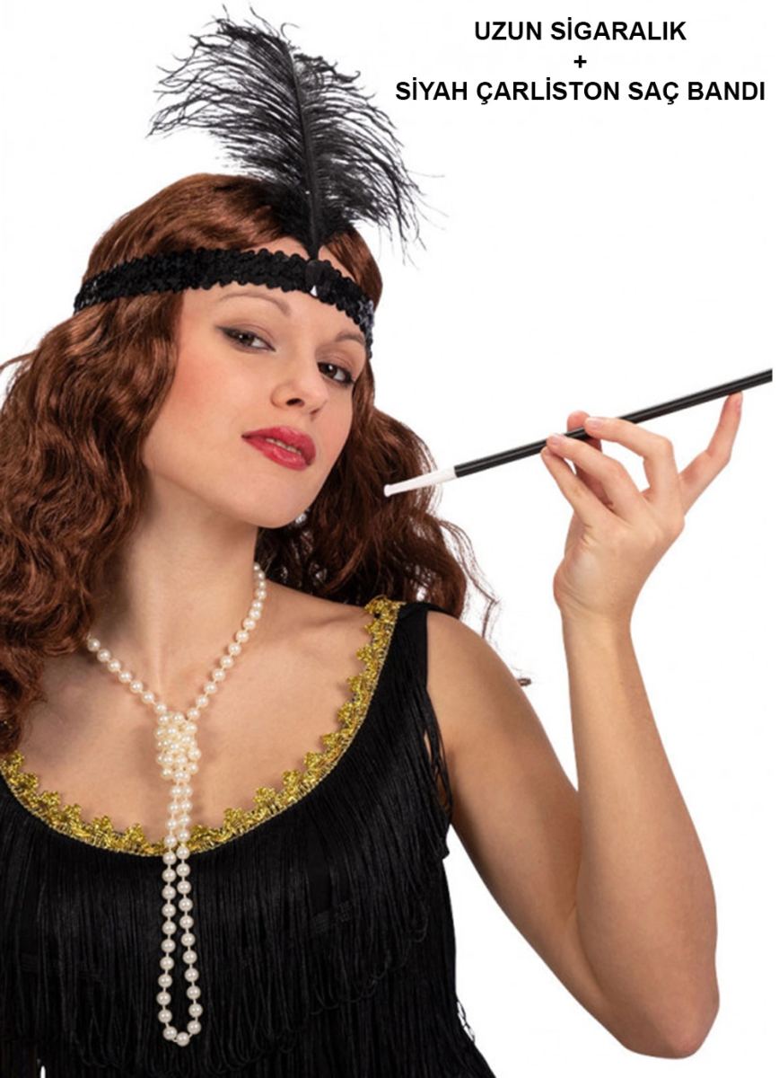 192039ler Gatsby Aksesuar Seti – Siyah Charleston Saç Bandı Lık