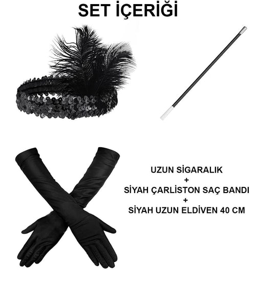 192039ler Gatsby Aksesuar Seti – Siyah Charleston Saç Bandı, Uzun Eldiven Lık