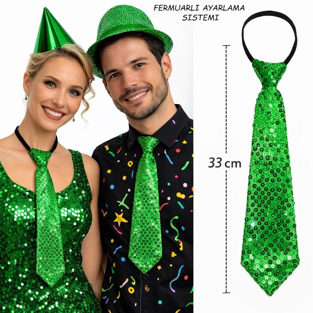 Yeşil Renk Pul Payetli Işıltılı Parti Kravatı 33 Cm