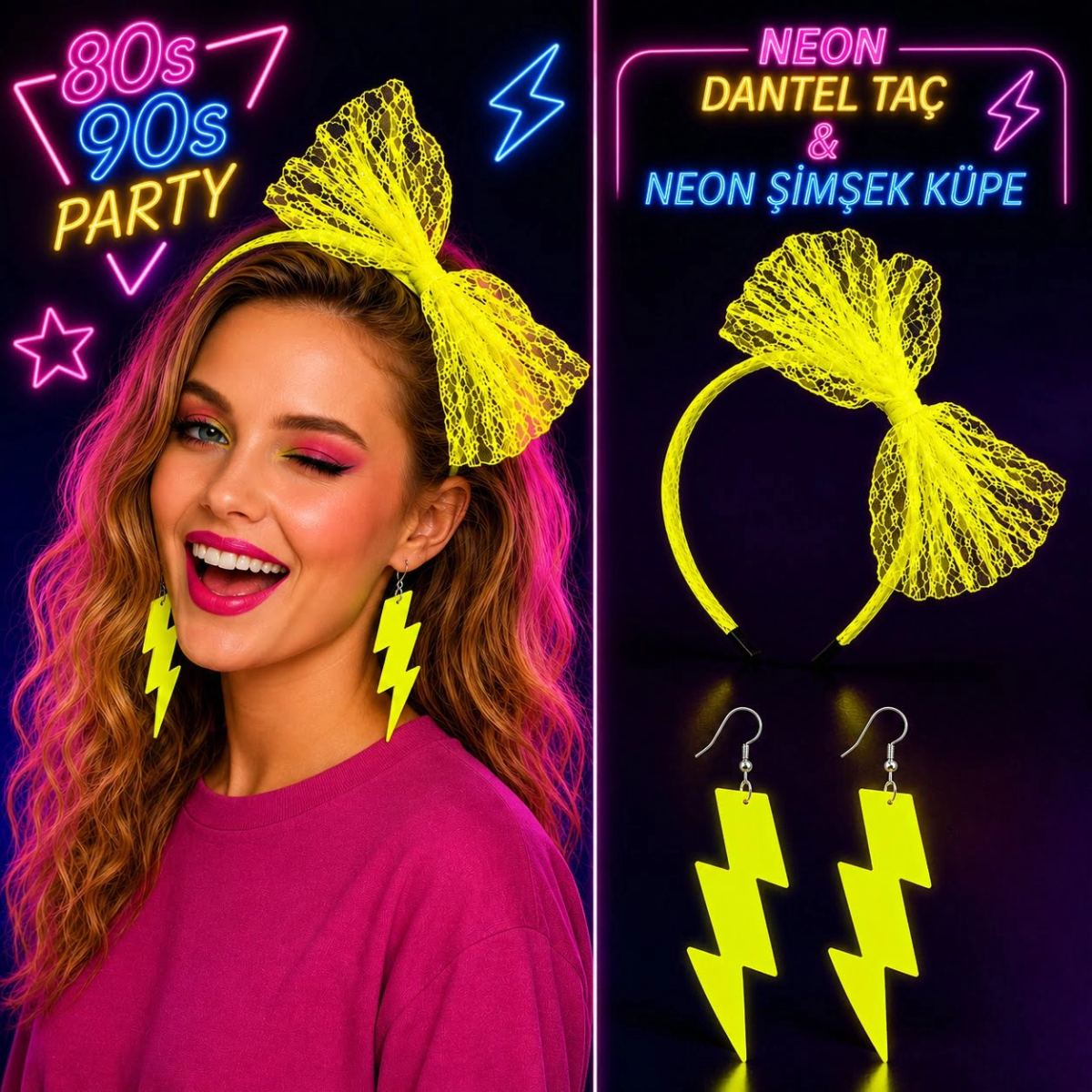 Neon Sarı Dantel Taç Ve Şimşek Küpe 8039ler 9039lar Parti Seti