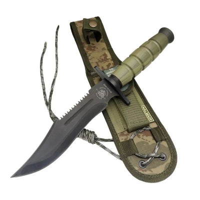 0698 Haki Komando Bıçağı 30cm - Testere Detaylı, Oluklu, Kılıflı