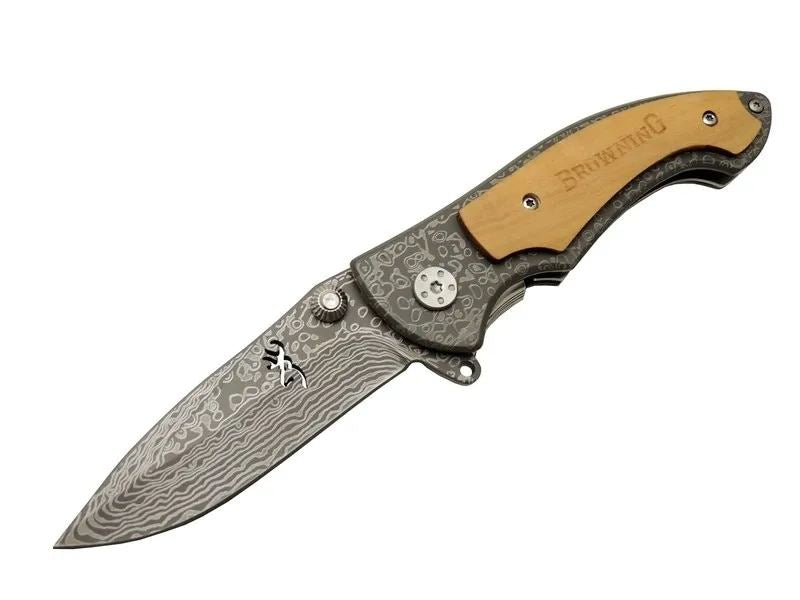 2-31 Damascus Kamp Çakı 19,5cm - Yarı Otomatik, Kemerlikli, Ahşap Metal Sap