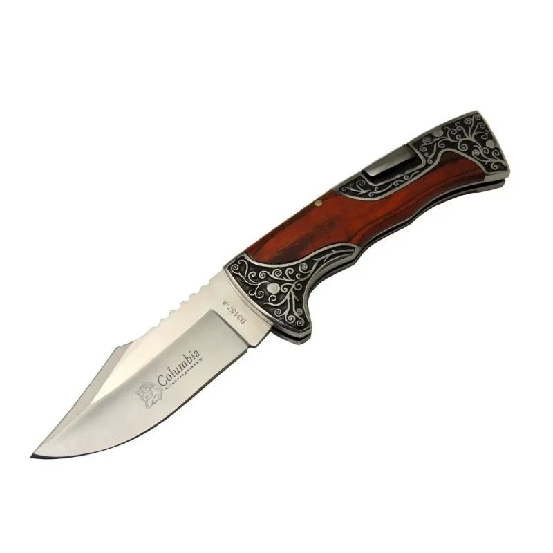 B3157a İşlemeli Kamp Çakı 22 Cm - Gül Ağacı Saplı, Manuel Açılma