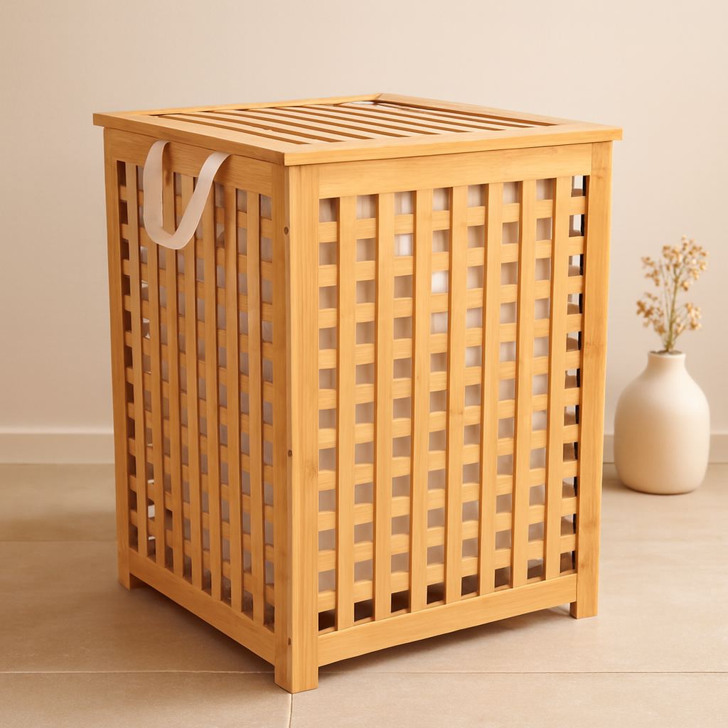 Kalın Bambu Kirli Çamaşır Sepeti 45x45x62 cm - Kumaş Çantalı