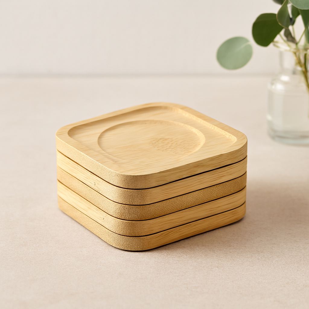 Bambu Ahşap Kare Çay Tabağı 9.7x9.7 cm - 6'lı Set