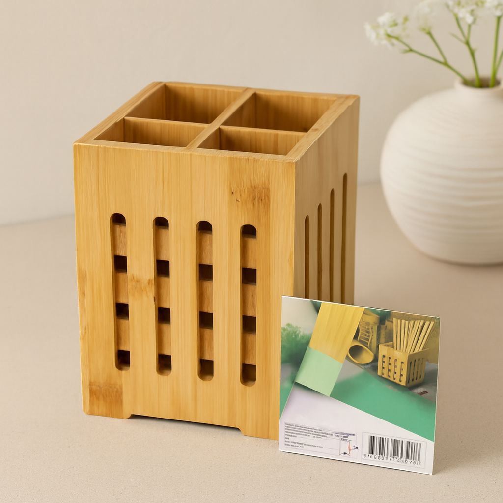 Ahşap Bambu 4 Bölmeli Kaşıklık Organizer (11x11 cm, Pencereli)