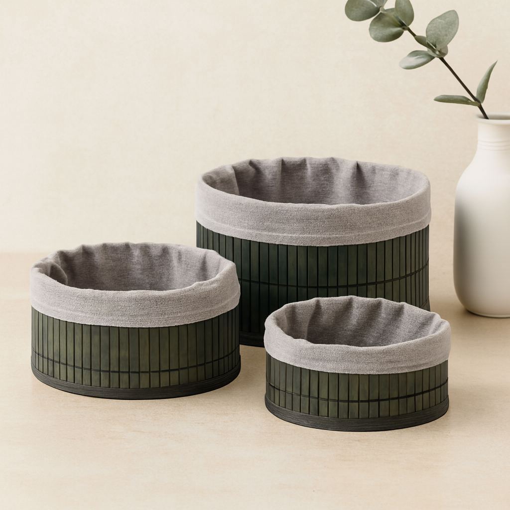Yuvarlak Bambu Kenarlı Organizer Sepet (Gri, Ahşap Tabanlı)