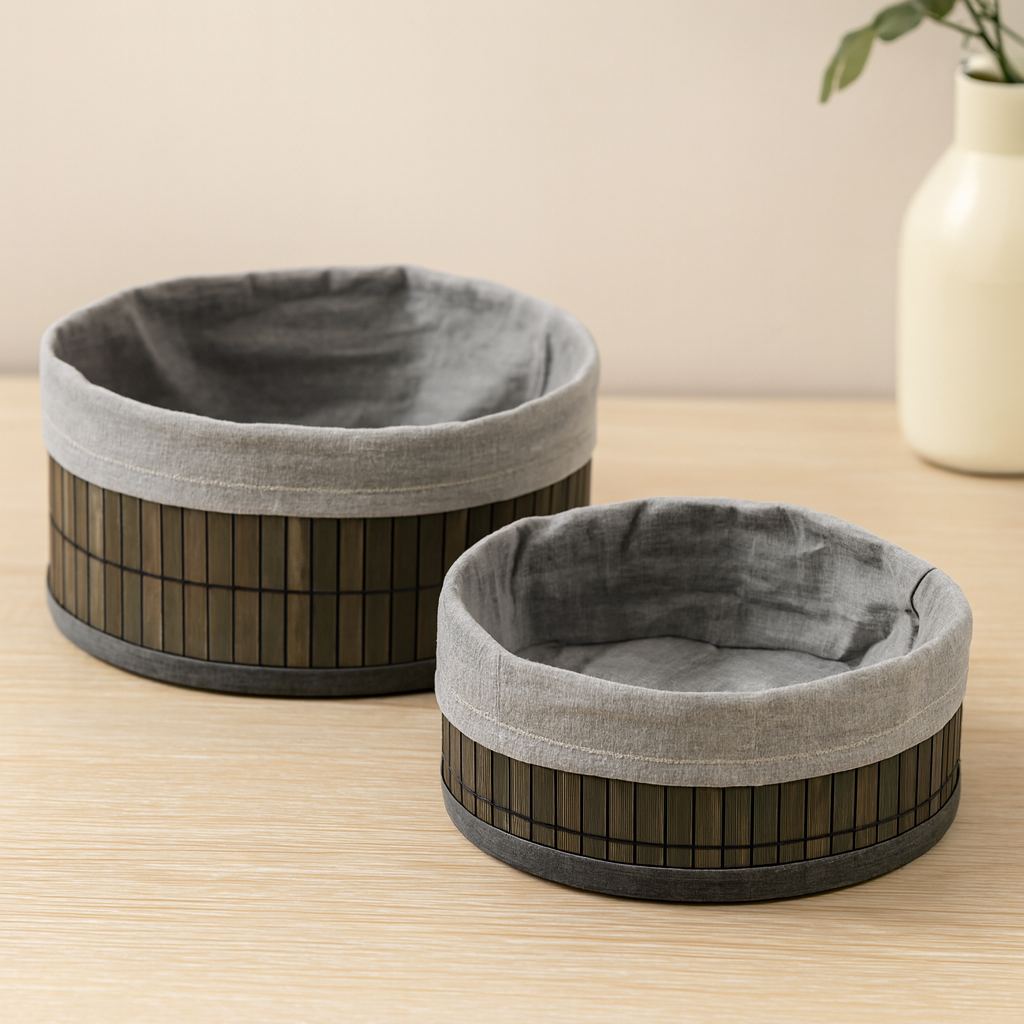 Yuvarlak Organizer Sepet - Bambu Kenarlı Ahşap Taban Bezli (Çap 22x24 cm)