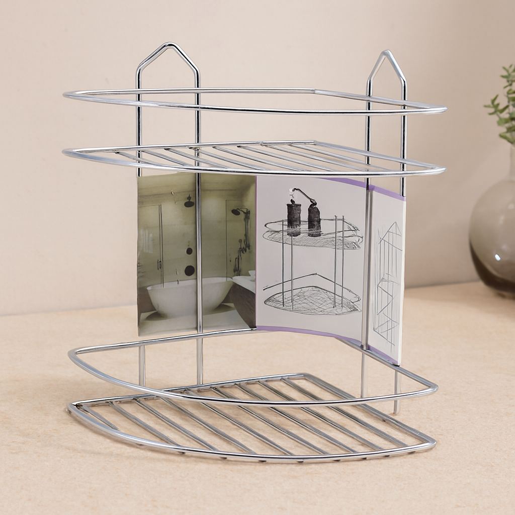 Krom Metal 2 Katlı Üçgen Banyo Köşeliği - Duş Rafı