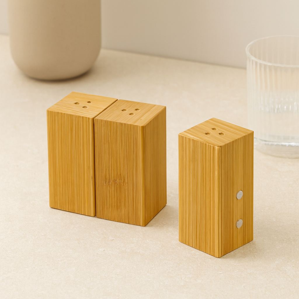 Ahşap Bambu Mıknatıslı 2'li Baharatlık & Tuzluk (4.5×5×9 cm)