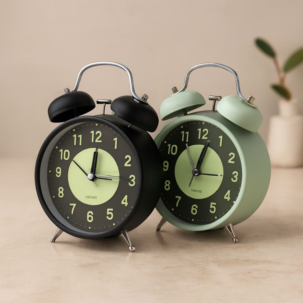 Twin Bell Metal Masa Çalar Saat 11 cm – Pilli, Işıklı, Fosforlu