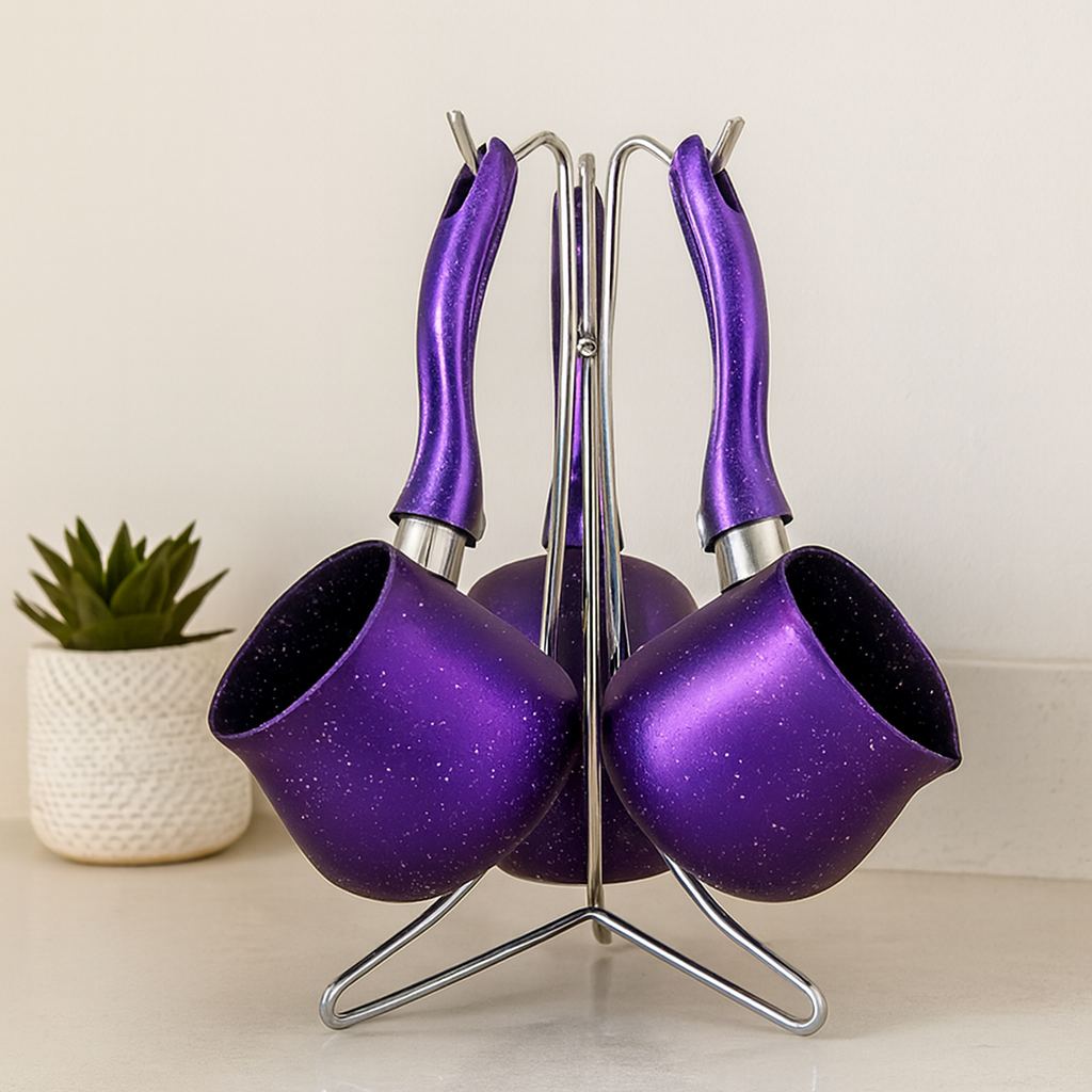 Granit Çelik Cezve Seti 4'lü (230/280/380 ml) Metal Standlı