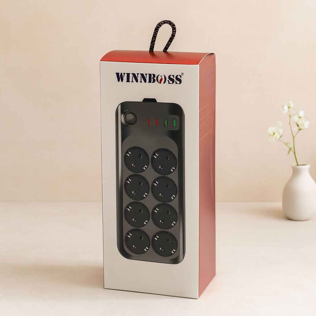 Uzatma Kablosu 8'li Priz + 4 USB (2 Type-C) 2m - Termal Akım & Kısa Devre Korumalı, Anahtarlı, 16A 4000W