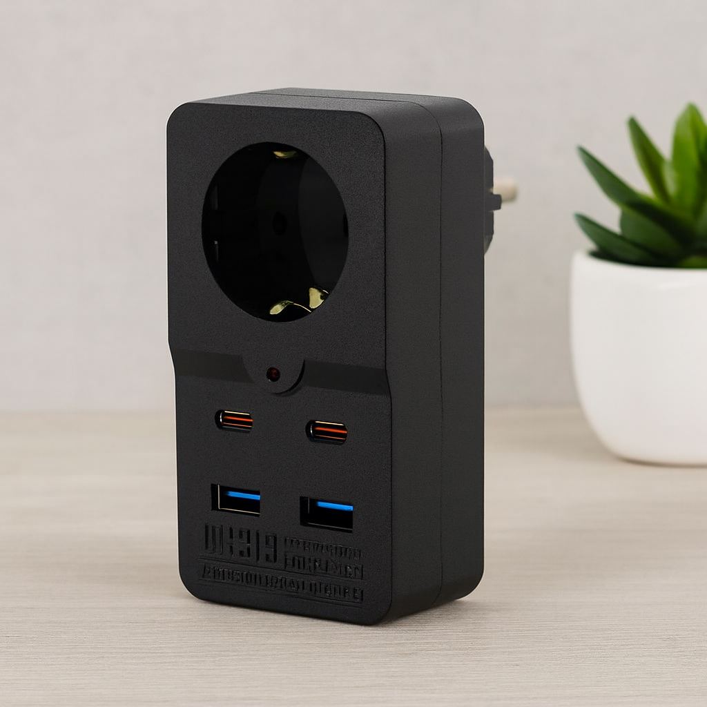 Termal Akım Korumalı Duvar Prizi - 1 Priz, 2xUSB, 2xType-C (10A/2500W) Siyah