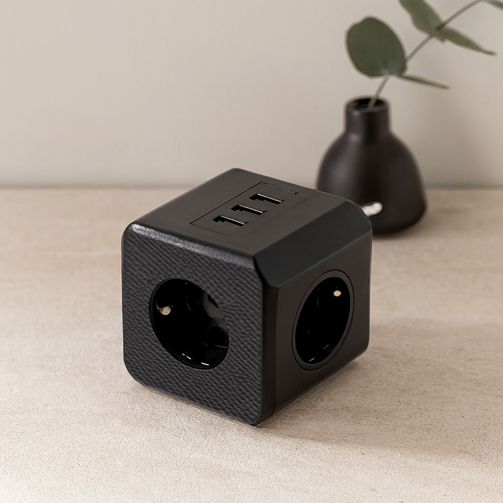 Termal akım korumalı 3'lü duvar prizi (3x USB) - Siyah