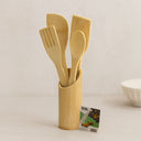 Ahşap bambu mutfak servis seti - kaşık, çatal, spatula ve stand - 1