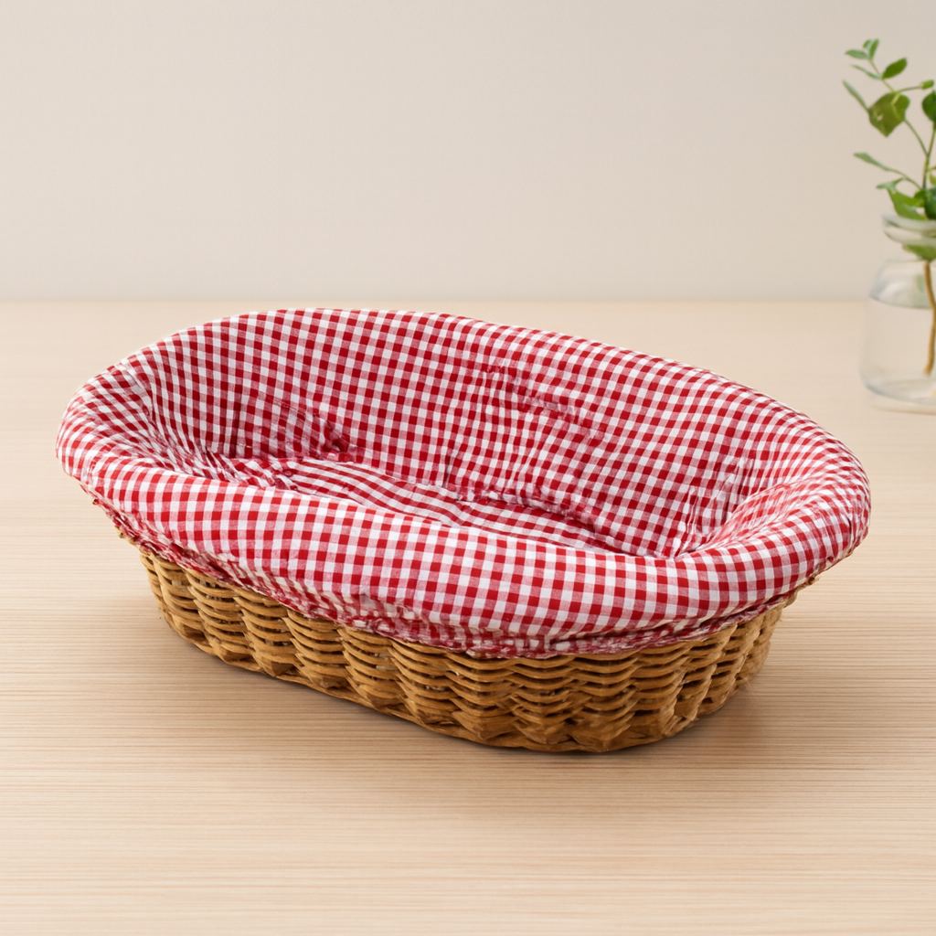 Oval Hasır Ekmek Sepeti Kulplu - Bez Astarlı 18x28 cm