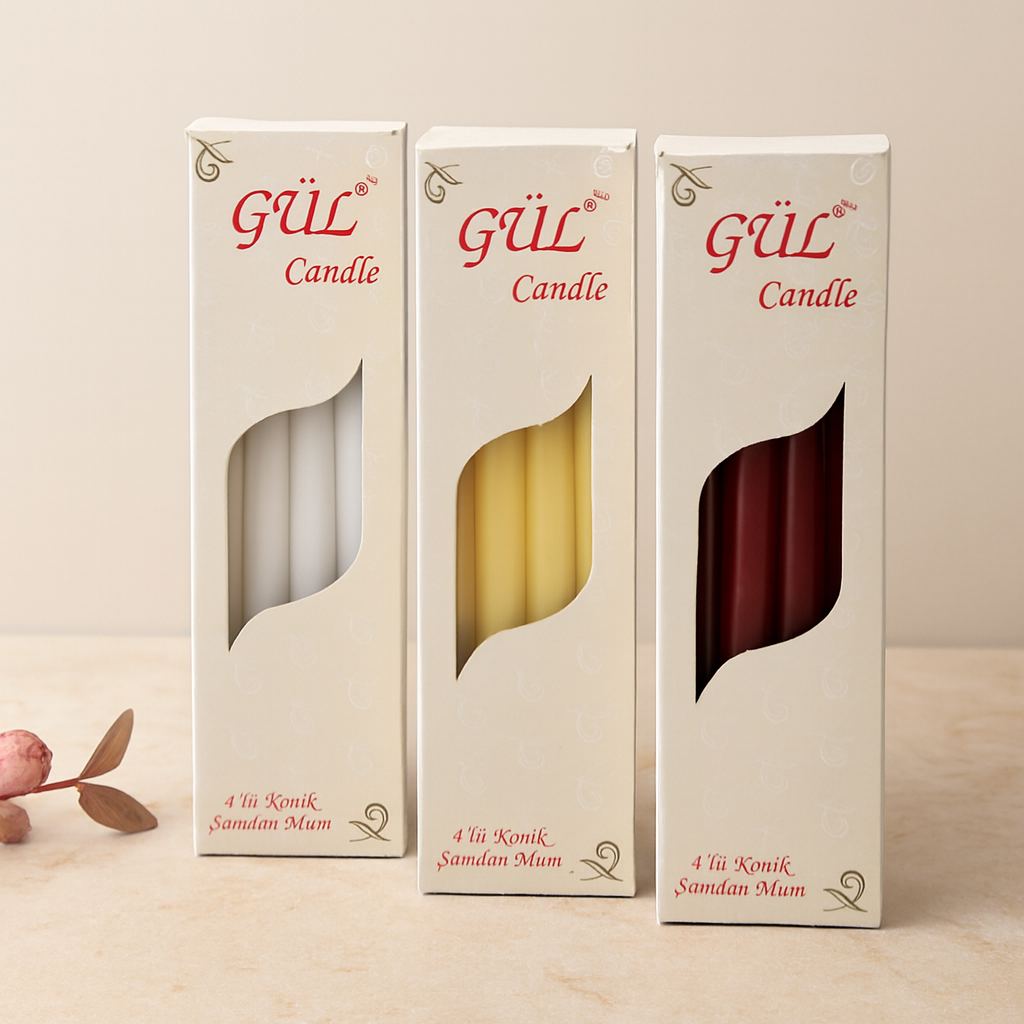Gül Mum 4'lü Set 25 cm - Konik & Düz (Beyaz & Renkli)