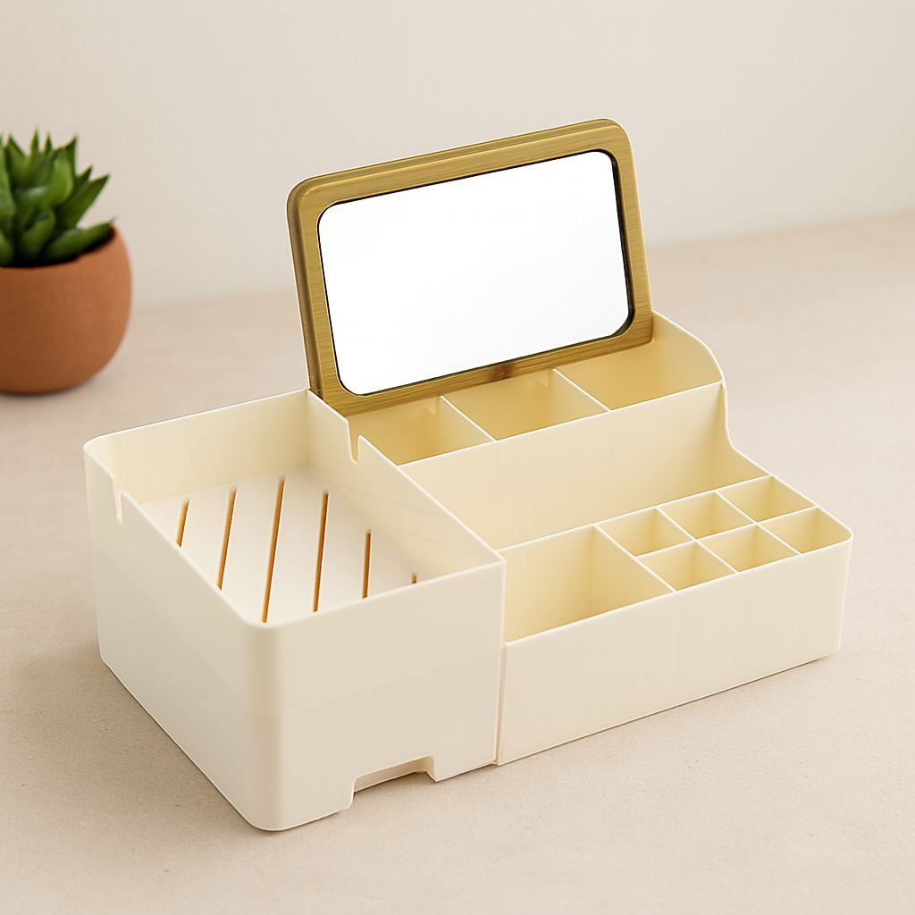 Aynalı Çekmeceli Makyaj ve Takı Organizer - 13 Bölmeli, Bambu Detaylı (28.5x17.5x9.5 cm)