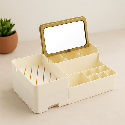 Aynalı Çekmeceli Makyaj ve Takı Organizer - 13 Bölmeli, Bambu Detaylı (28.5x17.5x9.5 cm)