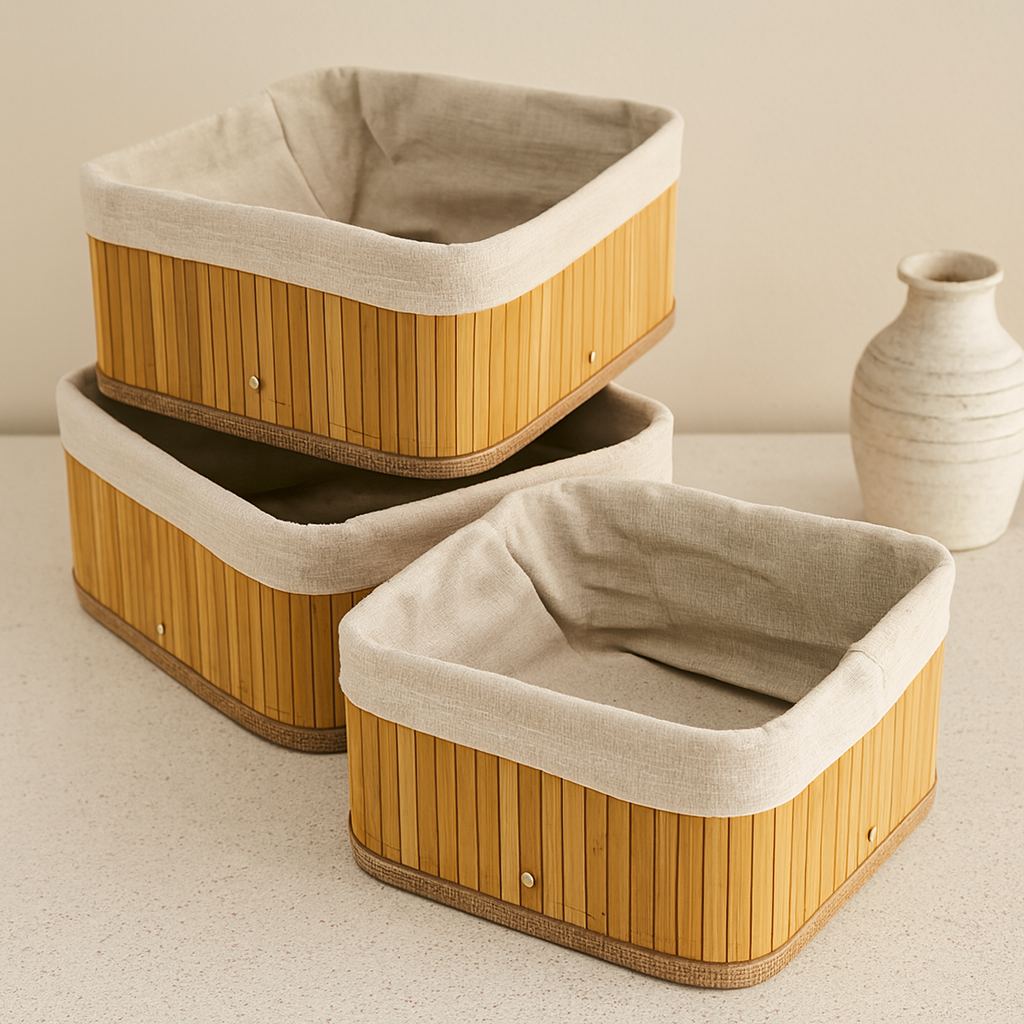 3'lü Kare Organizer Sepet Seti - Bambu Kenarlı Ahşap Taban Bez Astarlı (17x17 / 21x21 / 26x26 cm)
