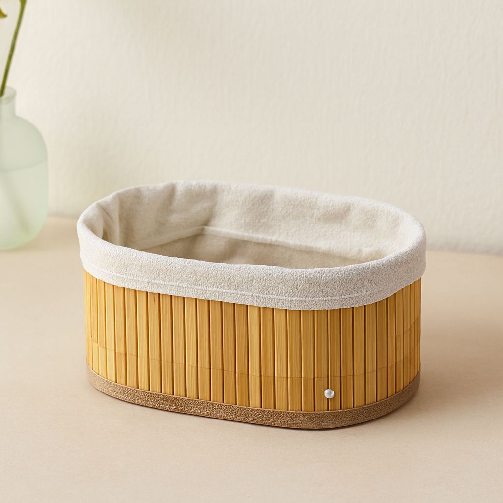 3 Boy Oval Organizer Sepet - Bambu Kenarlı, Ahşap Tabanlı, Bezli