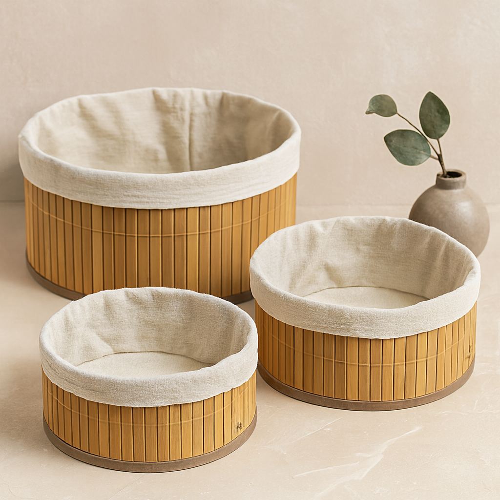 Yuvarlak Organizer Sepet 3'lü (Ø21/25/28 cm) Bambu Kenarlı Bezli